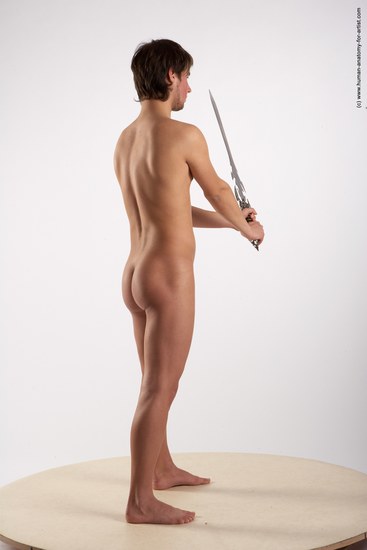 Nude Fighting with sword Man White Standing poses - ALL Slim Short Brown Standing poses - simple Realistic