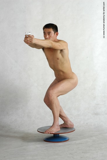 Nude Fighting with gun Man Asian Standing poses - ALL Slim Short Black Standing poses - simple Realistic