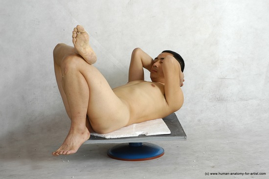 Nude Man Asian Laying poses - ALL Slim Short Laying poses - on back Black Realistic