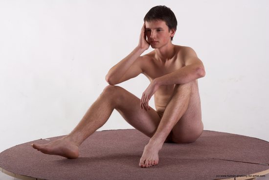 Nude Man White Sitting poses - simple Slim Short Brown Sitting poses - ALL Realistic