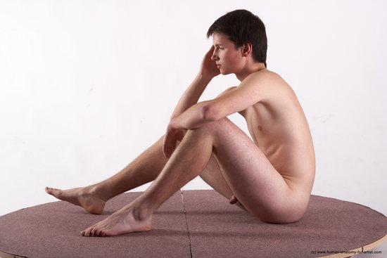 Nude Man White Sitting poses - simple Slim Short Brown Sitting poses - ALL Realistic