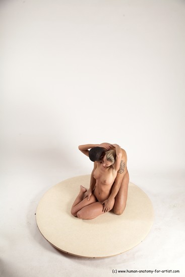 Nude Woman - Man Another Kneeling poses - ALL Slim Short Brown Kneeling poses - on both knees Multi angles poses Realistic