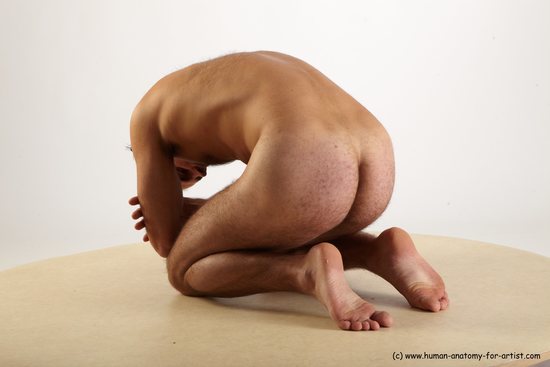 Nude Man White Kneeling poses - ALL Slim Short Kneeling poses - on both knees Black Realistic