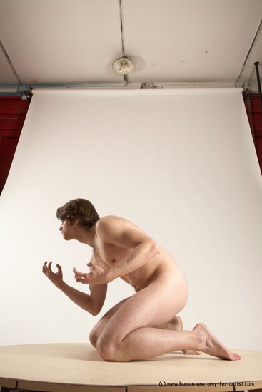 Nude Man White Kneeling poses - ALL Slim Short Brown Kneeling poses - on both knees Multi angles poses Realistic