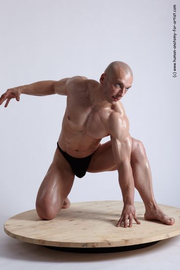 Swimsuit Man White Kneeling poses - ALL Muscular Bald Kneeling poses - on one knee Academic