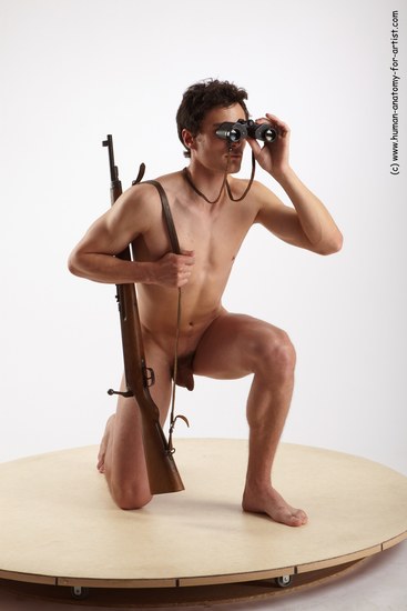 Nude Fighting with rifle Man White Kneeling poses - ALL Slim Short Brown Kneeling poses - on one knee Realistic