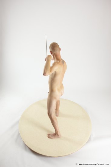 Nude Fighting with sword Man White Standing poses - ALL Slim Bald Standing poses - simple Multi angles poses Realistic