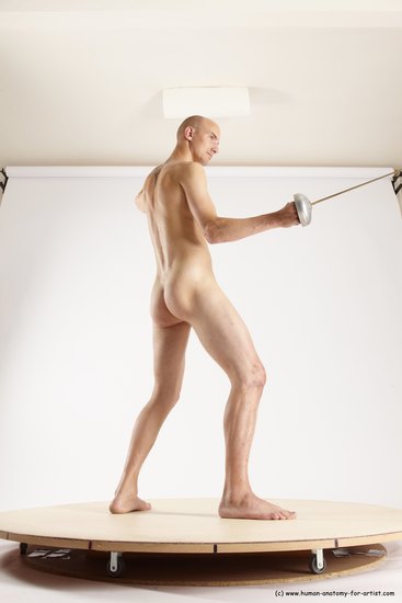 Nude Fighting with sword Man White Standing poses - ALL Slim Bald Standing poses - simple Multi angles poses Realistic