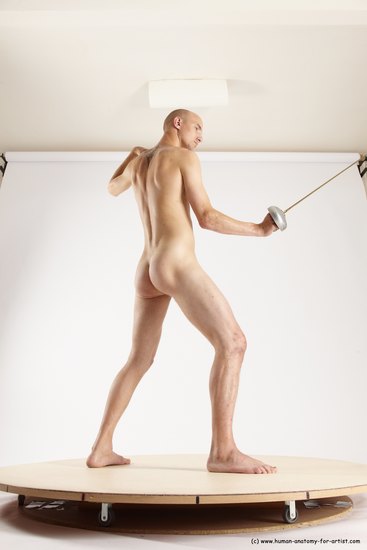 Nude Fighting with sword Man White Standing poses - ALL Slim Bald Standing poses - simple Multi angles poses Realistic