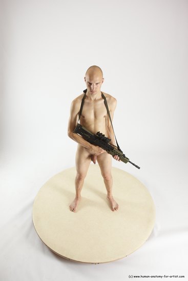 Nude Fighting with submachine gun Man White Standing poses - ALL Slim Bald Standing poses - simple Multi angles poses Realistic