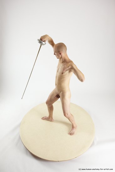 Nude Fighting with sword Man White Standing poses - ALL Slim Bald Standing poses - simple Multi angles poses Realistic