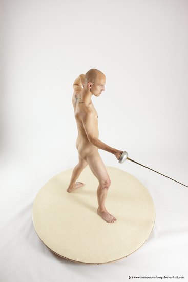 Nude Fighting with sword Man White Standing poses - ALL Slim Bald Standing poses - simple Multi angles poses Realistic