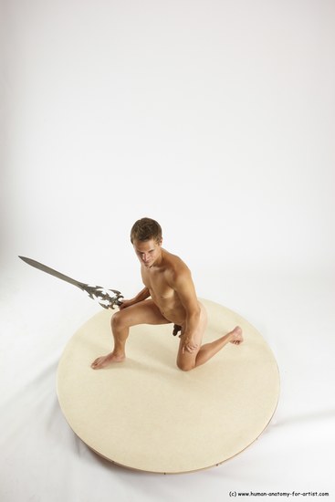 Nude Fighting with sword Man White Kneeling poses - ALL Athletic Short Brown Kneeling poses - on one knee Multi angles poses Realistic