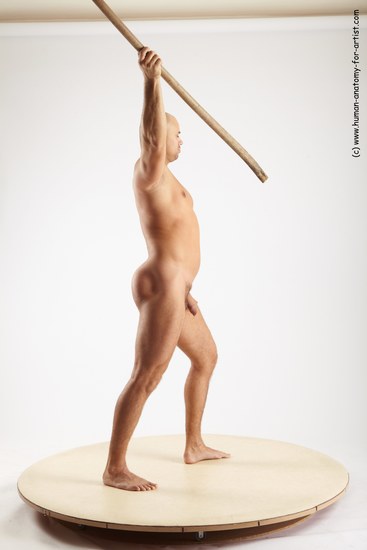 Nude Fighting with spear Man White Standing poses - ALL Slim Bald Standing poses - simple Realistic