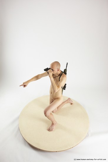 Nude Fighting with submachine gun Man White Kneeling poses - ALL Slim Bald Kneeling poses - on one knee Multi angles poses Realistic