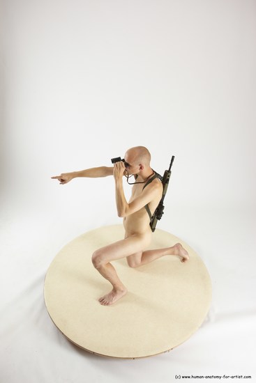 Nude Fighting with submachine gun Man White Kneeling poses - ALL Slim Bald Kneeling poses - on one knee Multi angles poses Realistic