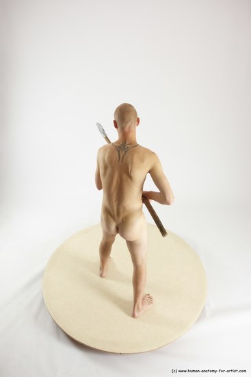 Nude Fighting with spear Man White Standing poses - ALL Slim Bald Standing poses - simple Multi angles poses Realistic