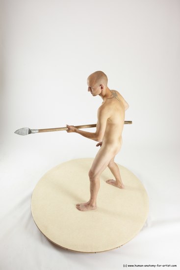 Nude Fighting with spear Man White Standing poses - ALL Slim Bald Standing poses - simple Multi angles poses Realistic