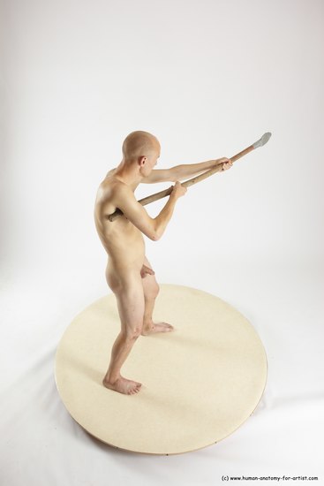 Nude Fighting with spear Man White Standing poses - ALL Slim Bald Standing poses - simple Multi angles poses Realistic