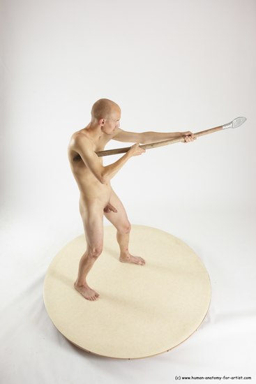 Nude Fighting with spear Man White Standing poses - ALL Slim Bald Standing poses - simple Multi angles poses Realistic