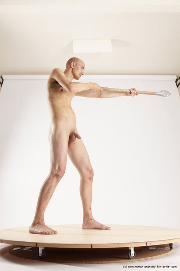 Nude Fighting with spear Man White Standing poses - ALL Slim Bald Standing poses - simple Multi angles poses Realistic