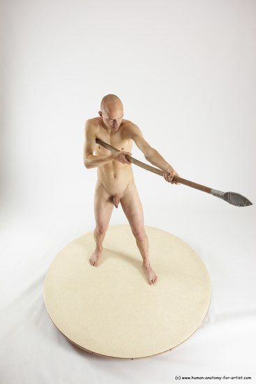 Nude Fighting with spear Man White Standing poses - ALL Slim Bald Standing poses - simple Multi angles poses Realistic