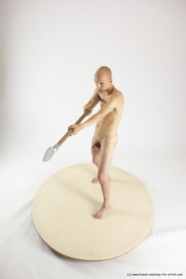 Nude Fighting with spear Man White Standing poses - ALL Slim Bald Standing poses - simple Multi angles poses Realistic