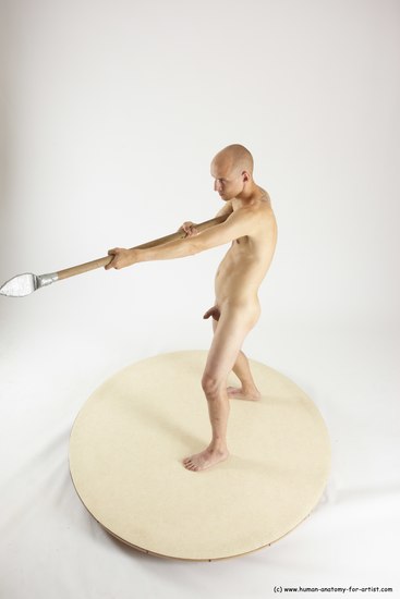 Nude Fighting with spear Man White Standing poses - ALL Slim Bald Standing poses - simple Multi angles poses Realistic