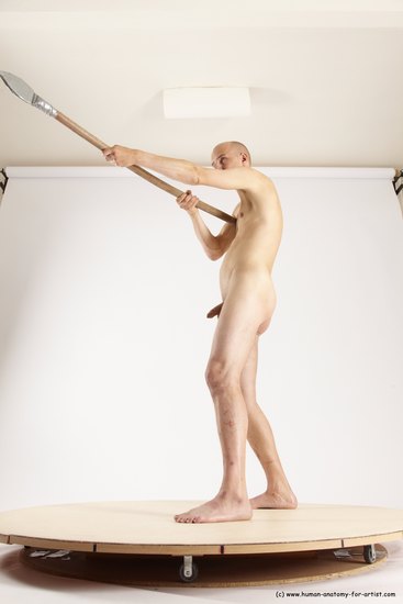 Nude Fighting with spear Man White Standing poses - ALL Slim Bald Standing poses - simple Multi angles poses Realistic