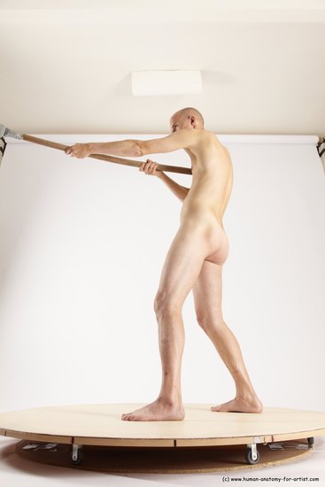 Nude Fighting with spear Man White Standing poses - ALL Slim Bald Standing poses - simple Multi angles poses Realistic