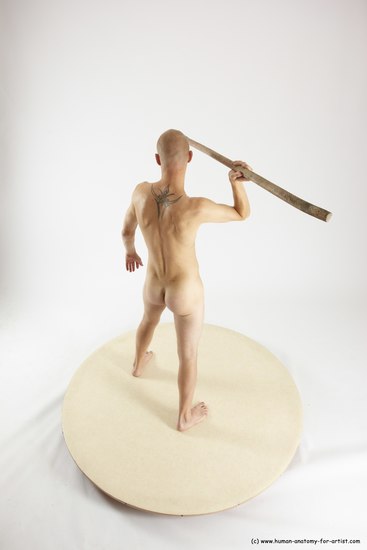 Nude Fighting with spear Man White Standing poses - ALL Slim Bald Standing poses - simple Multi angles poses Realistic