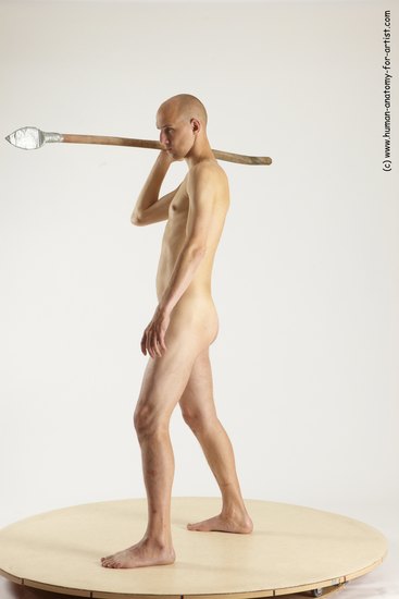 Nude Fighting with spear Man White Standing poses - ALL Slim Bald Standing poses - simple Multi angles poses Realistic