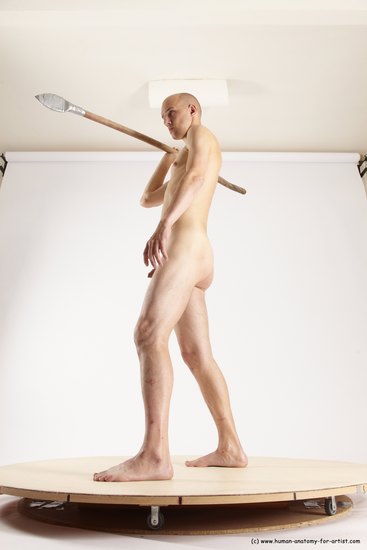 Nude Fighting with spear Man White Standing poses - ALL Slim Bald Standing poses - simple Multi angles poses Realistic