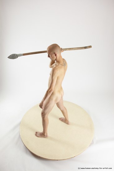 Nude Fighting with spear Man White Standing poses - ALL Slim Bald Standing poses - simple Multi angles poses Realistic