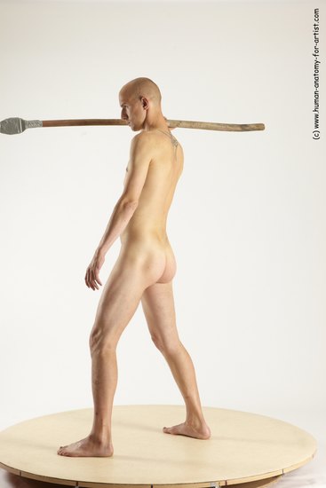 Nude Fighting with spear Man White Standing poses - ALL Slim Bald Standing poses - simple Multi angles poses Realistic