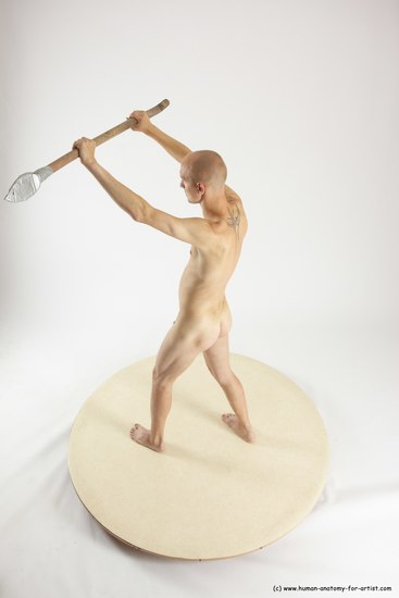 Nude Fighting with spear Man White Standing poses - ALL Slim Bald Standing poses - simple Multi angles poses Realistic