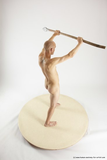 Nude Fighting with spear Man White Standing poses - ALL Slim Bald Standing poses - simple Multi angles poses Realistic