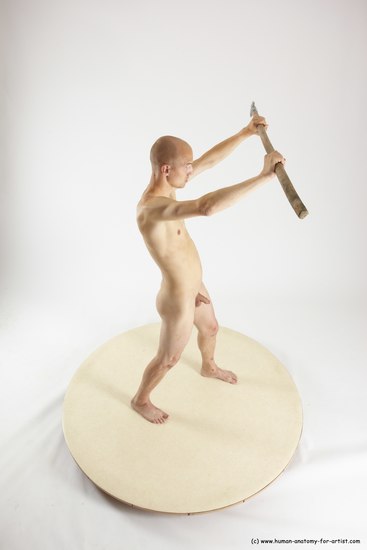 Nude Fighting with spear Man White Standing poses - ALL Slim Bald Standing poses - simple Multi angles poses Realistic