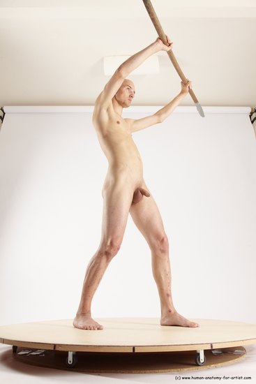 Nude Fighting with spear Man White Standing poses - ALL Slim Bald Standing poses - simple Multi angles poses Realistic