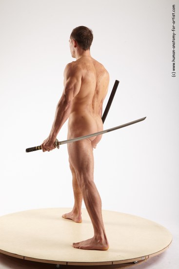 Nude Fighting with sword Man White Standing poses - ALL Muscular Short Brown Standing poses - simple Realistic