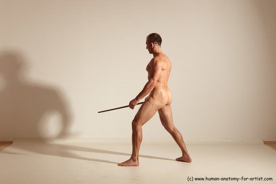 Nude Fighting with sword Man White Standing poses - ALL Muscular Short Brown Standing poses - simple Dynamic poses Realistic