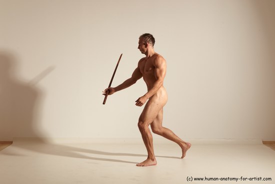 Nude Fighting with sword Man White Standing poses - ALL Muscular Short Brown Standing poses - simple Dynamic poses Realistic