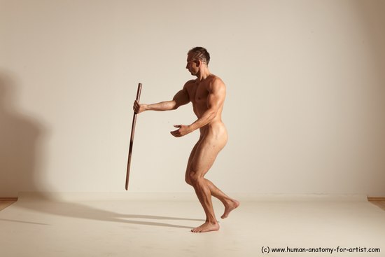 Nude Fighting with sword Man White Standing poses - ALL Muscular Short Brown Standing poses - simple Dynamic poses Realistic