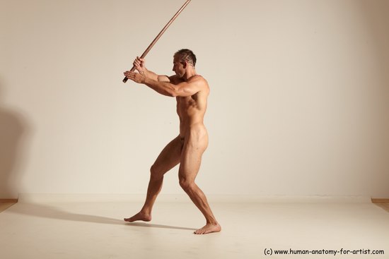 Nude Fighting with sword Man White Standing poses - ALL Muscular Short Brown Standing poses - simple Dynamic poses Realistic