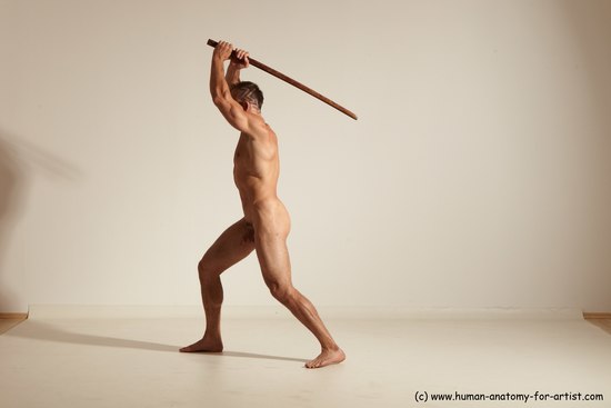 Nude Fighting with sword Man White Standing poses - ALL Muscular Short Brown Standing poses - simple Dynamic poses Realistic