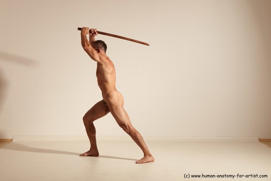 Nude Fighting with sword Man White Standing poses - ALL Muscular Short Brown Standing poses - simple Dynamic poses Realistic