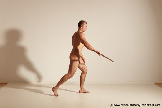 Nude Fighting with sword Man White Standing poses - ALL Muscular Short Brown Standing poses - simple Dynamic poses Realistic