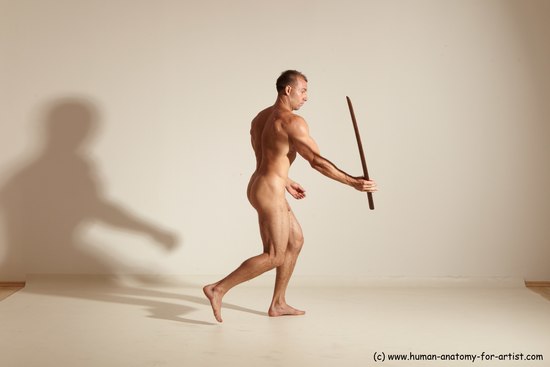 Nude Fighting with sword Man White Standing poses - ALL Muscular Short Brown Standing poses - simple Dynamic poses Realistic