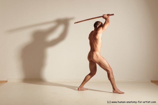 Nude Fighting with sword Man White Standing poses - ALL Muscular Short Brown Standing poses - simple Dynamic poses Realistic