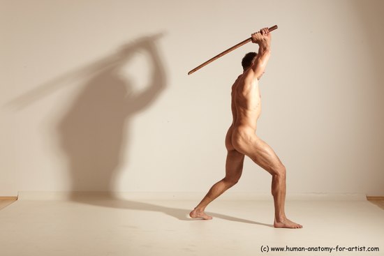 Nude Fighting with sword Man White Standing poses - ALL Muscular Short Brown Standing poses - simple Dynamic poses Realistic